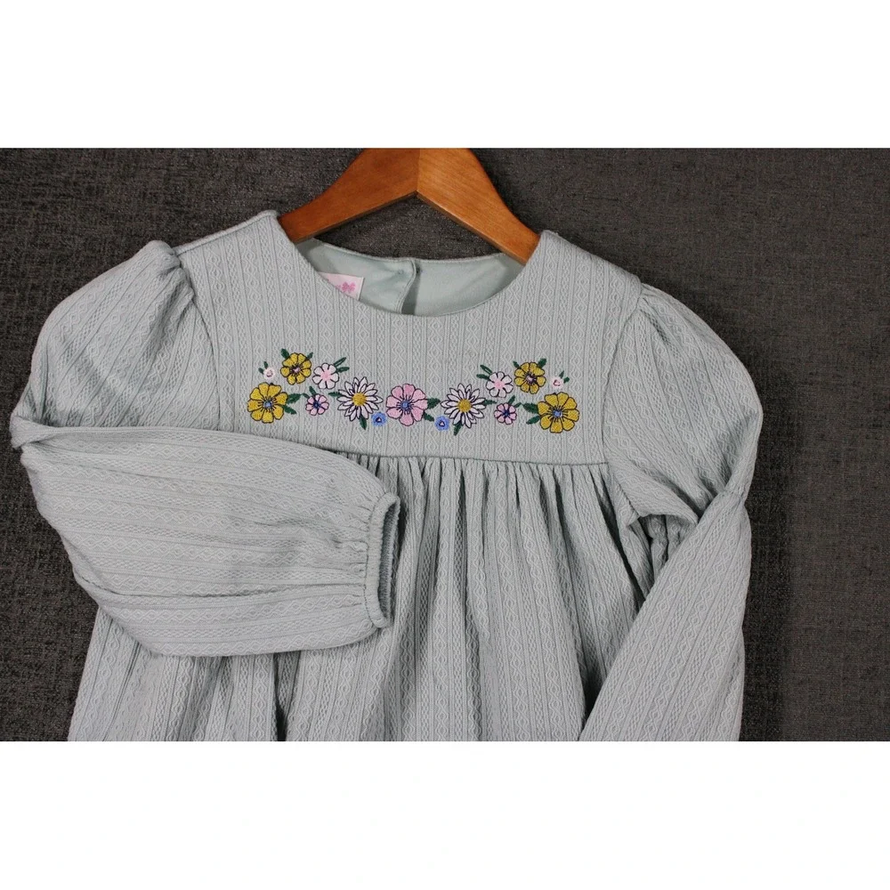 Bonnie Jean Girls Sage Green Cable Knit Floral Embroidered Dress W3-12907-PL TEA